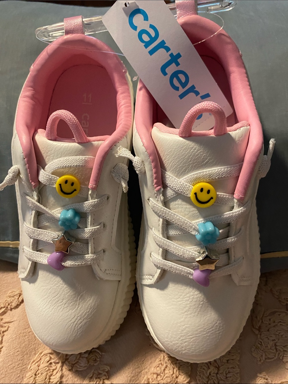 Carter's White and Pink Sneakers with Smile & Charms